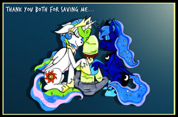 Size: 1024x675 | Tagged: safe, artist:bluebrogue, imported from derpibooru, princess celestia, princess luna, oc, oc:anon, human, copic, eyes closed, hug, nuzzling, sad, sitting, smiling, thank you, traditional art