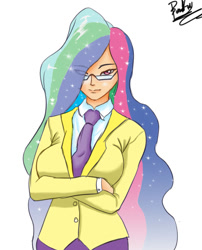 Size: 800x992 | Tagged: safe, artist:barskavil, imported from derpibooru, princess celestia, equestria girls, big breasts, breasts, busty princess celestia, clothes, female, glasses, hair over one eye, human coloration, humanized, looking at you, principal celestia, solo