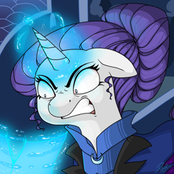 Size: 750x750 | Tagged: safe, artist:puzzlegem, imported from derpibooru, rarity, alternate timeline, angry, ears back, female, floppy ears, frown, glare, gritted teeth, magic, night mad rarity, night maid rarity, nightmare takeover timeline, solo, telekinesis