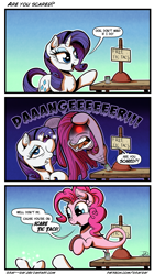 Size: 1349x2386 | Tagged: safe, artist:gray--day, imported from derpibooru, pinkie pie, rarity, bad pun, comic, pinkamena diane pie, pinkie being pinkie, pinkie physics, pun