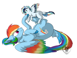 Size: 1600x1200 | Tagged: safe, artist:bluesidearts, imported from derpibooru, rainbow dash, oc, oc:quick breeze, pegasus, pony, colored wings, filly, mama dash, mother and daughter, multicolored wings, next generation, offspring, parent:rainbow dash, parent:soarin', parents:soarindash, rainbow feathers, rainbow wings, simple background, tail feathers, transparent background, wings