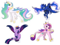 Size: 1600x1200 | Tagged: safe, artist:bluesidearts, imported from derpibooru, princess cadance, princess celestia, princess luna, twilight sparkle, alicorn, classical unicorn, pony, alicorn tetrarchy, female, leonine tail, mare, pose, tail feathers, twilight sparkle (alicorn), unshorn fetlocks