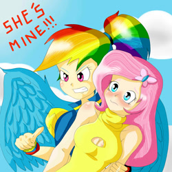 Size: 1500x1500 | Tagged: safe, artist:eduarknes, imported from derpibooru, fluttershy, rainbow dash, human, alternate hairstyle, boob window, breasts, cleavage, female, flutterdash, gritted teeth, humanized, lesbian, ponytail, shipping, winged humanization