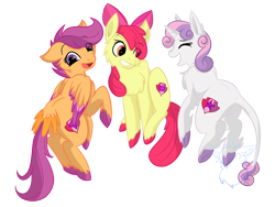 Size: 1800x1350 | Tagged: safe, artist:bluesidearts, imported from derpibooru, apple bloom, scootaloo, sweetie belle, classical unicorn, cutie mark, cutie mark crusaders, floating, fluffy, leonine tail, tail feathers, the cmc's cutie marks