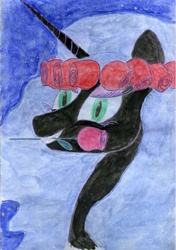 Size: 2296x3257 | Tagged: safe, artist:irfp250n, imported from derpibooru, nightmare moon, bust, female, flower, flower in hair, flower in mouth, mouth hold, rose, solo, traditional art