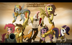 Size: 1280x800 | Tagged: safe, artist:rncillo, imported from derpibooru, applejack, fluttershy, pinkie pie, rainbow dash, rarity, twilight sparkle, armor, armorarity, crossover, god of war, kratos, mane six