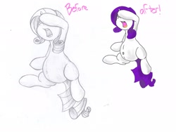 Size: 2048x1536 | Tagged: safe, artist:seenty, edit, imported from derpibooru, rarity, before and after, colored, marshmelodrama, on back, preggity, pregnant