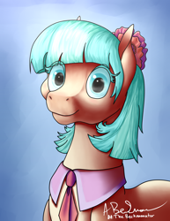 Size: 2550x3310 | Tagged: safe, artist:thebeckmanator, imported from derpibooru, coco pommel, female, smiling, solo, staring into your soul