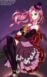 Size: 1636x2648 | Tagged: safe, artist:fluffydus, imported from derpibooru, fluttershy, human, clothes, dress, evening gloves, female, gloves, hat, humanized, latex, necktie, night, plushie, socks, solo, stars, thigh highs