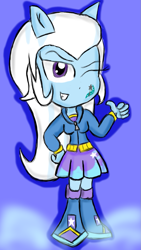 Size: 627x1111 | Tagged: safe, artist:mildockart, imported from derpibooru, trixie, equestria girls, clothes, cutie mark, doll, equestria girls minis, female, grin, hoodie, looking at you, pony ears, skirt, solo, thumbs up, toy, wink