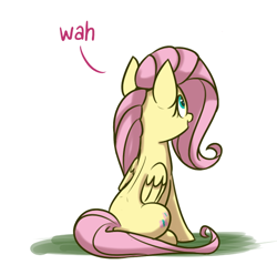 Size: 536x512 | Tagged: safe, artist:heir-of-rick, edit, imported from derpibooru, fluttershy, dialogue, female, open mouth, simple background, sitting, solo, wah, white background