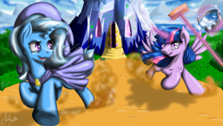 Size: 3840x2160 | Tagged: safe, artist:fairysearch, imported from derpibooru, trixie, twilight sparkle, alicorn, pony, bucket, chase, female, graffiti, magic, mare, mop, running, spread wings, telekinesis, twilight sparkle (alicorn), twilight's castle