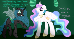 Size: 883x463 | Tagged: safe, artist:bewarethemusicman, imported from derpibooru, princess celestia, queen chrysalis, eye contact, floppy ears, glare, grin, nervous, raised hoof, smiling, smirk