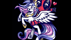 Size: 503x287 | Tagged: safe, artist:gilles bone, edit, imported from derpibooru, princess celestia, chibi, cropped, crossover, deadpool, heart