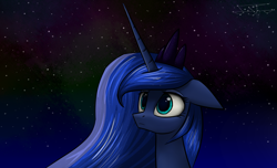 Size: 1424x866 | Tagged: safe, artist:setharu, imported from derpibooru, princess luna, alicorn, pony, bust, eye reflection, female, floppy ears, frown, jewelry, lidded eyes, looking up, mare, night, outdoors, regalia, signature, sky, solo, stars