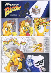 Size: 3490x4930 | Tagged: safe, artist:xeviousgreenii, imported from derpibooru, applejack, princess luna, tom, comic:the temple of bloom, absurd resolution, apple, boulder, comic, crepuscular rays, crossover, food, indiana jones, parody, raiders of the lost ark, running, saddle bag