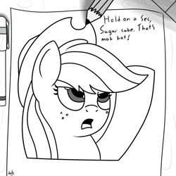 Size: 1000x1000 | Tagged: safe, artist:spritepony, imported from derpibooru, applejack, black and white, breaking the fourth wall, drawing, drawn into existence, female, grayscale, implied human, offscreen character, solo