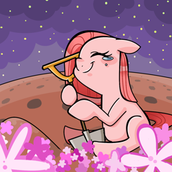 Size: 1100x1100 | Tagged: safe, artist:ikirunosindo, imported from derpibooru, pinkie pie, earth pony, pony, friendship is witchcraft, crying, cute, cuteamena, diapinkes, featured image, female, flower, gypsy bard, mare, pinkamena diane pie, pinkie cry, shovel, solo, tears of joy