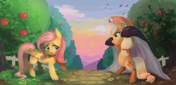 Size: 3304x1596 | Tagged: safe, artist:ikirunosindo, imported from derpibooru, applejack, fluttershy, earth pony, pegasus, pony, bats!, apple, apple tree, cape, clothes, duo, food, scene interpretation, tree