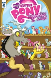 Size: 1054x1600 | Tagged: safe, artist:marybellamy, idw, imported from derpibooru, applejack, bon bon, carrot top, daisy, discord, dj pon-3, flower wishes, fluttershy, golden harvest, lemon hearts, lily, lily valley, minuette, pinkie pie, rainbow dash, rarity, roseluck, sweetie drops, tree hugger, twilight sparkle, vinyl scratch, oc, oc:paper hearts, alicorn, pony, spoiler:comic, spoiler:comic43, cover, mane six, twilight sparkle (alicorn)