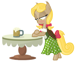 Size: 3098x2526 | Tagged: safe, artist:vito, deleted from derpibooru, imported from derpibooru, oc, oc only, oc:edelweiss, bat pony, pony, alcohol, beer, blushing, clothes, costume, food, mug, skirt