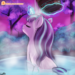 Size: 750x750 | Tagged: safe, artist:lumineko, imported from derpibooru, starlight glimmer, pony, unicorn, bath, bucket, eyes closed, female, glowing horn, hot springs, levitation, magic, magic aura, mare, patreon, patreon logo, rear view, sitting, smiling, solo, steam, telekinesis, water, wet mane