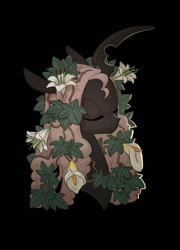Size: 719x1000 | Tagged: safe, artist:carnifex, imported from derpibooru, oc, oc only, oc:calliphora, changeling, changeling queen, black background, bust, changeling oc, changeling queen oc, female, flower, flower in hair, portrait, red changeling, simple background