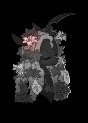 Size: 719x1000 | Tagged: safe, artist:carnifex, imported from derpibooru, oc, oc only, oc:calliphora, changeling, changeling queen, black background, bust, changeling oc, changeling queen oc, female, flower, flower in hair, portrait, red changeling, simple background