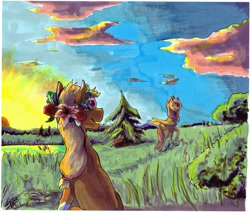 Size: 1280x1087 | Tagged: safe, artist:pasu-chan, imported from derpibooru, applejack, fluttershy, fanfic:flower crowns and dinner dates, accessory swap, appleshy, fanfic, fanfic art, female, field, floral head wreath, lesbian, shipping, sunset