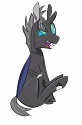Size: 1597x2433 | Tagged: safe, artist:darklordsnuffles, imported from derpibooru, oc, oc only, oc:#4330715, changeling, cute, fangs, happy, male, sitting, smiling, solo