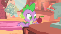Size: 600x338 | Tagged: safe, imported from derpibooru, screencap, spike, owl's well that ends well, animated, apple, food, male, saddle, solo