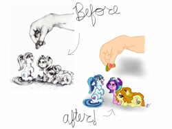 Size: 2048x1536 | Tagged: safe, artist:buttersprinkle, edit, imported from derpibooru, adagio dazzle, aria blaze, sonata dusk, equestria girls, :t, adagio dazzle is not amused, aria blaze is not amused, before and after, behaving like a dog, cute, eyes on the prize, female, floppy ears, food, frown, glare, grumpy, hand, happy, micro, monochrome, open mouth, pen drawing, ponified, prone, shading, siblings, signature, sisters, sitting, size difference, smiling, sonataco, taco, that girl sure loves tacos, that pony sure does love tacos, that siren sure does love tacos, the dazzlings, tiny, tiny ponies, traditional art, unamused