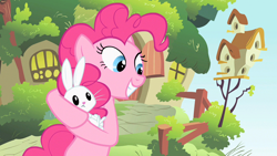 Size: 1280x720 | Tagged: safe, imported from derpibooru, screencap, angel bunny, pinkie pie, baby cakes, coddling, fluttershy's cottage, grin, holding, smiling