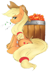 Size: 1280x1810 | Tagged: safe, artist:celine-artnsfw, imported from derpibooru, applejack, apple, barrel, female, food, hat, looking at you, profile, simple background, sitting, solo, straw in mouth, white background