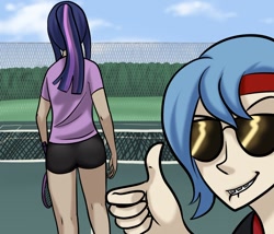 Size: 1280x1097 | Tagged: safe, artist:7nights, artist:sincerelymrbear, imported from derpibooru, princess luna, twilight sparkle, human, ask human luna, comic:tennis match, ass, butt, dat ass, dat butt, glasses, humanized, sunglasses, tennis, tumblr, twibutt