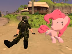 Size: 1024x768 | Tagged: safe, artist:nikoaccampora, imported from derpibooru, pinkie pie, human, 3d, adrian shephard, eyes closed, gas mask, gmod, h.e.c.u., half-life, half-life: opposing force, looking at each other, lying down, mask, prone, relaxing, sitting, smiling, sploot