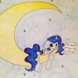 Size: 2448x2448 | Tagged: safe, artist:1538660, imported from derpibooru, princess luna, female, moon, prone, solo, tangible heavenly object, traditional art