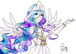 Size: 900x636 | Tagged: safe, artist:kawaiishadowchica, imported from derpibooru, princess celestia, human, cleavage, clothes, dress, female, humanized, pony coloring, simple background, solo, spread wings, traditional art, winged humanization