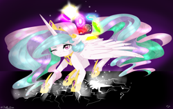 Size: 1024x648 | Tagged: safe, artist:doodle-28, imported from derpibooru, princess celestia, elements of harmony, female, mare in the moon, moon, solo, spread wings, wink