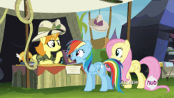 Size: 960x540 | Tagged: safe, imported from derpibooru, screencap, fluttershy, rainbow dash, teddie safari, trade ya, animated, female, hub logo, waving, wing hands, wing wave