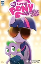 Size: 600x923 | Tagged: safe, artist:tonyfleecs, idw, imported from derpibooru, spike, twilight sparkle, spoiler:comic40, baby, baby dragon, baby spike, cover, filly, glasses, hot topic, mama twilight, my little pony logo, parody, reference, sunglasses, the hangover, younger