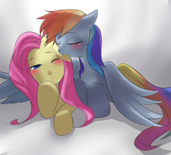 Size: 937x852 | Tagged: safe, artist:shiroryo, imported from derpibooru, fluttershy, rainbow dash, blushing, cuddling, ear bite, female, flutterdash, hug, lesbian, prone, shipping, snuggling, winghug