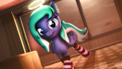 Size: 1920x1080 | Tagged: safe, artist:star-lightstarbright, imported from derpibooru, oc, oc only, oc:starlight starbright, pegasus, pony, 3d, clothes, halo, socks, solo, source filmmaker, striped socks