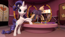 Size: 1920x1080 | Tagged: safe, artist:meshnotfound, imported from derpibooru, rarity, pony, 3d, bipedal, bipedal leaning, blender, carousel boutique, clothes, dress, fabric, female, looking at you, mannequin, mirror, ponyquin, smiling, solo, spool, sticky note, thread