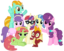 Size: 862x683 | Tagged: safe, artist:janethepegasus, imported from derpibooru, garble, lightning dust, moondancer, sugar belle, sunshower, suri polomare, tree hugger, dragon, alternate mane six, female, male