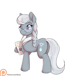 Size: 1350x1500 | Tagged: safe, artist:alasou, imported from derpibooru, silver spoon, earth pony, pony, female, mare, mouth hold, older, older silver spoon, patreon, patreon logo, pen, simple background, solo, transparent background