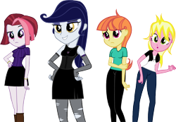 Size: 898x623 | Tagged: safe, artist:ironm17, imported from derpibooru, cayenne, citrus blush, moonlight raven, sunshine smiles, canterlot boutique, equestria girls, clothes, equestria girls-ified, fingerless gloves, gloves, goth, hand on hip, short-sleeved sweater, simple background, skirt, sleeveless, sweater, t-shirt, transparent background, vector