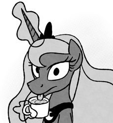 Size: 2000x2177 | Tagged: safe, artist:moemneop, imported from derpibooru, princess luna, drinking, female, food, grayscale, lapping, looking at you, monochrome, solo, tea, tongue out