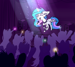 Size: 2000x1800 | Tagged: safe, artist:vincher, imported from derpibooru, princess celestia, alicorn, pony, ask white alicorn, choker, collar, concert, crowd, ear piercing, eyes closed, female, glowing horn, magic, mare, microphone, piercing, punklestia, raised hoof, silhouette, singing, solo focus, spiked choker, spotlight, spread wings, stage, telekinesis, wings, wristband