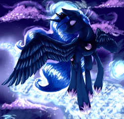 Size: 4750x4550 | Tagged: safe, artist:rebeccabluebreeze, imported from derpibooru, princess luna, alicorn, pony, absurd resolution, dream walker luna, dreamscape, eyes closed, female, solo, spread wings